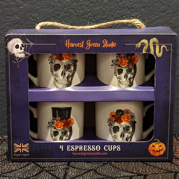 Harvest Green Studio Other - 🆕 Floral Skull Espresso China Cups Harvest Green Studio